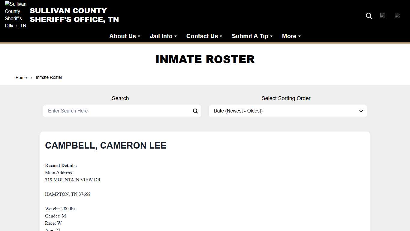 Inmate Roster Sullivan County Sheriff's Office, TN